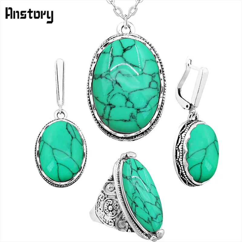 necklace set-Green Овальный Природный камень комплект ювелирных изделий колье Цепочки и ожерелья Серьги Кольца для Для женщин полые цветок подвеска Нержавеющая сталь цепи - Окраска металла: necklace set-Green