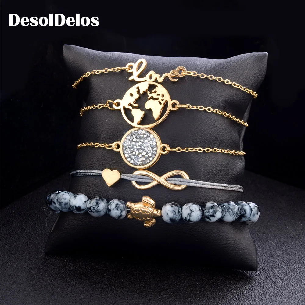 2019 New Bohemian Gold Color Earth Letter Infinite Bracelet Set for Women Tortoise Beads Party Jewelry 5pcs/1set | Украшения и
