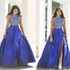 Женская плиссированная юбка макси, элегантная длинная юбка Королевского синего цвета с разрезом на молнии и завышенной талией, длиной до пола