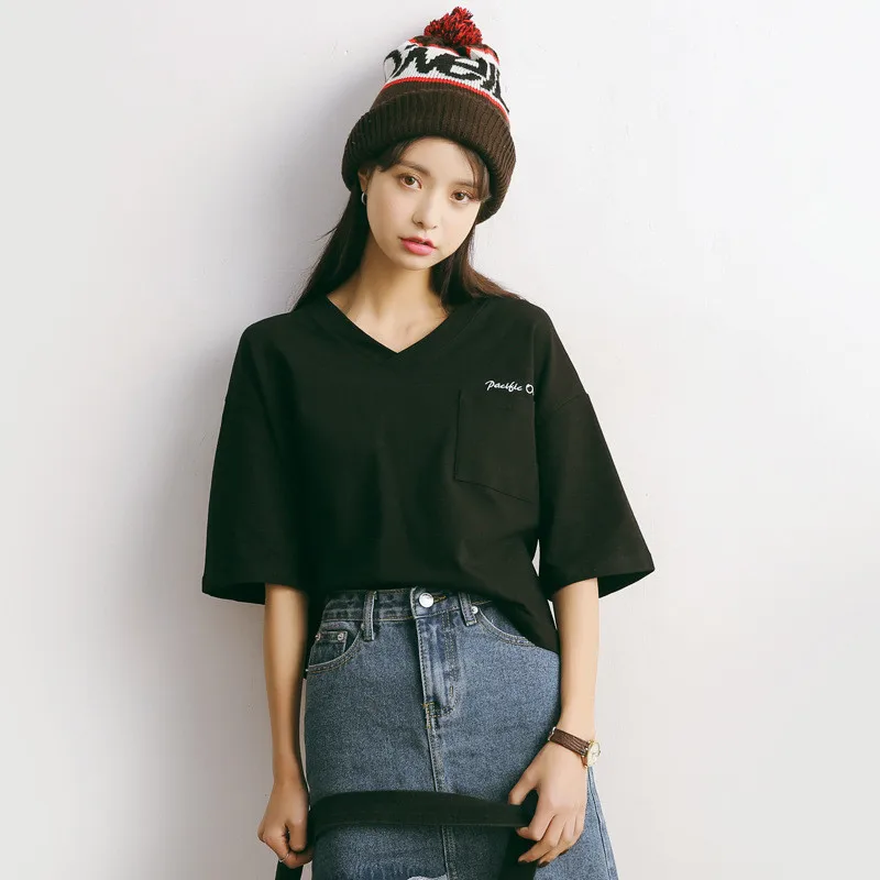 summer t-shirts loose V-neck letter embroidery cotton t-shirt women short-sleeve black white and orange crop top A595 | Женская одежда