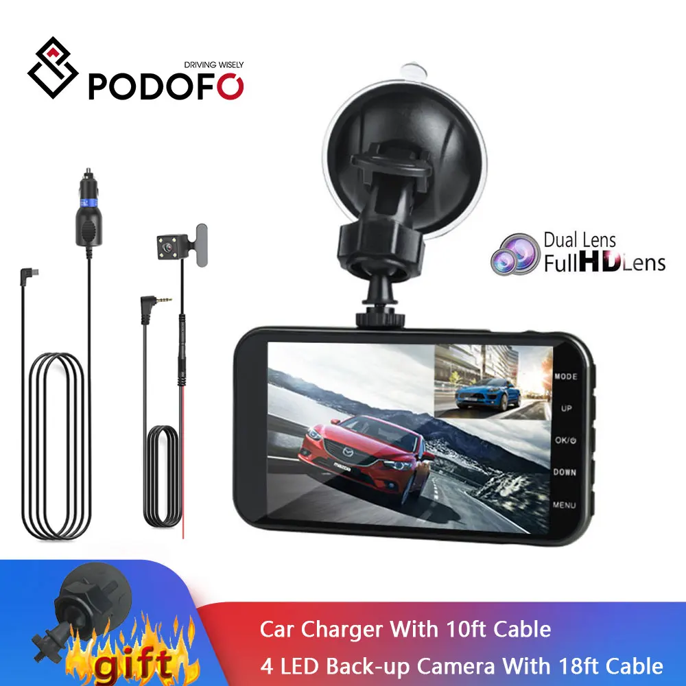 Podofo 4 ''Dashcam двойной объектив Автомобильный видеорегистратор Камера FHD 1080P ips экран ночного видения видео dvr рекордер видеокамера с камерой заднего вида