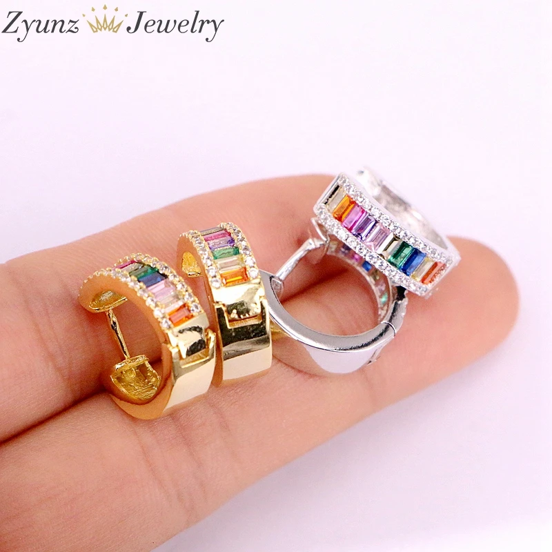 

5 Pairs, 15mm, Baguette cubic zirconia earring gold/silver color sparking cz delicate rainbow colorful women CZ hoop jewely