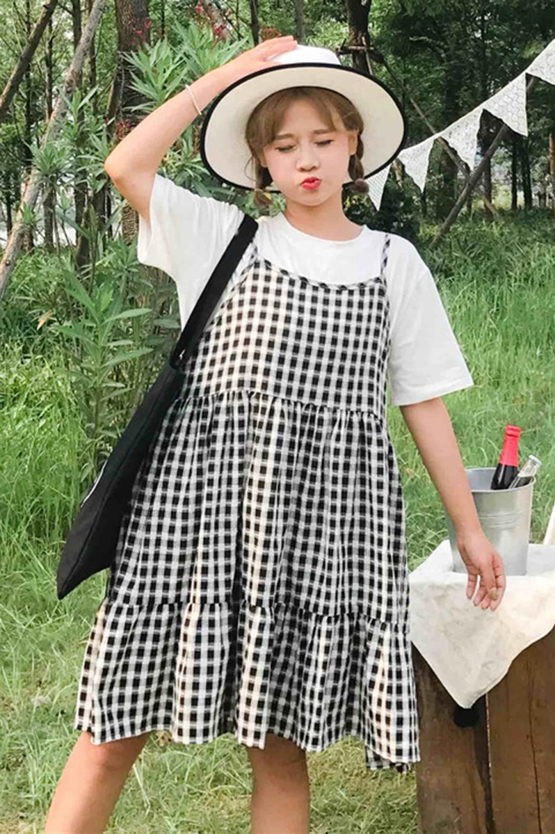 Платье женское летнее в Корейском стиле милое свободное мелкую клетку с принтом