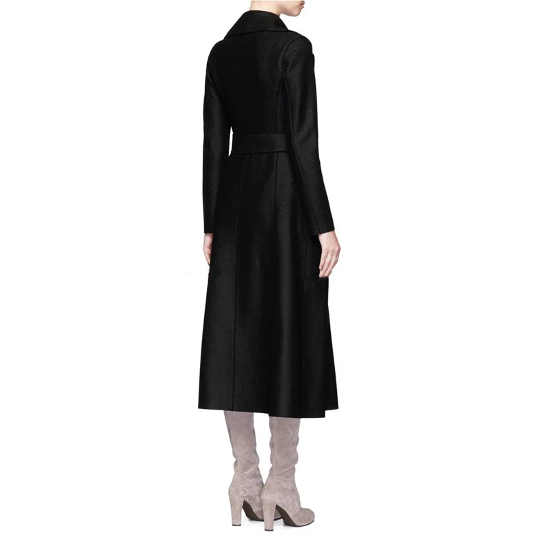Winter Women turn down collar Black Woolen Maxi Long Coat Slim Belt Robe wool blends Overcoat