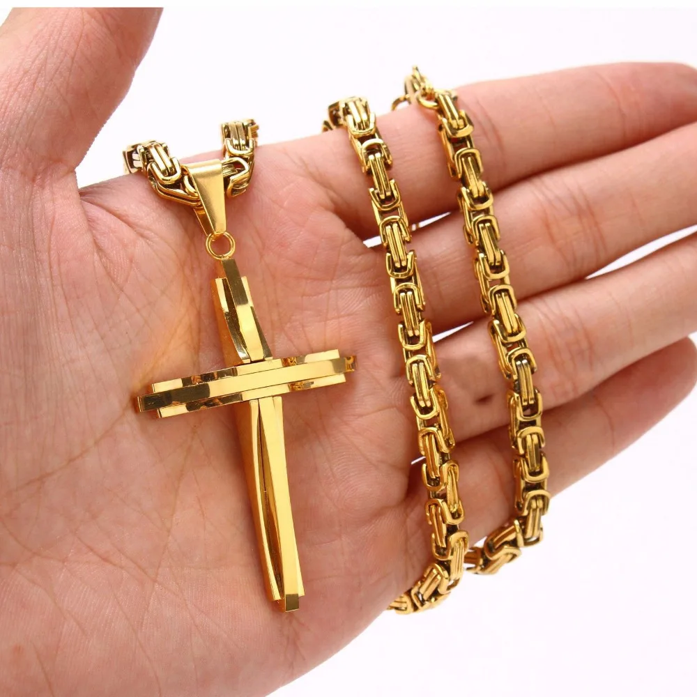 Cross Pendant Necklace Men Boy Gold Stainless Steel Chain Jewelry for 18&quot-30&quot | Украшения и аксессуары