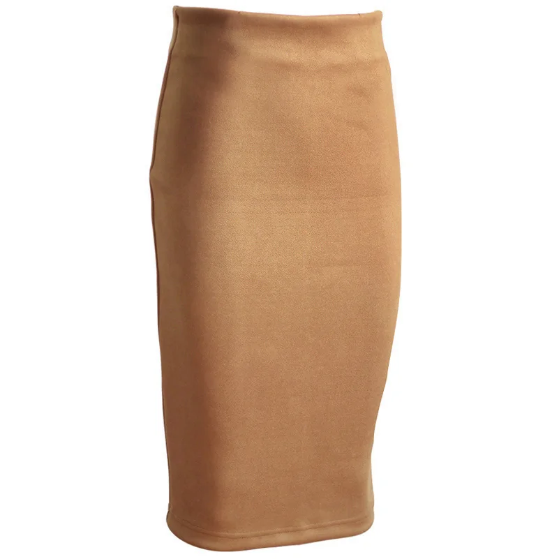 Camel Super Deals Fashion Women Suede Solid Color Pencil Skirt Female Spring Autumn Basic High Waist Bodycon Split Knee Length Skirts - Цвет: Camel