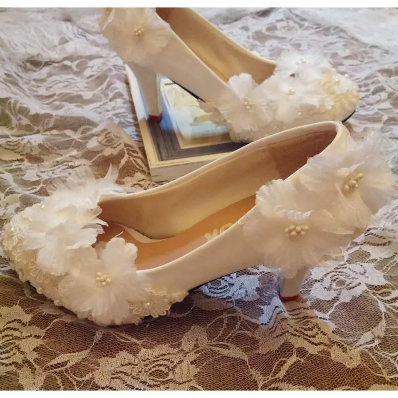 HANDMADE lace white wedding shoes women plus large sizes round toes FLOWERS brides bridal bridesmaid party dress | Обувь