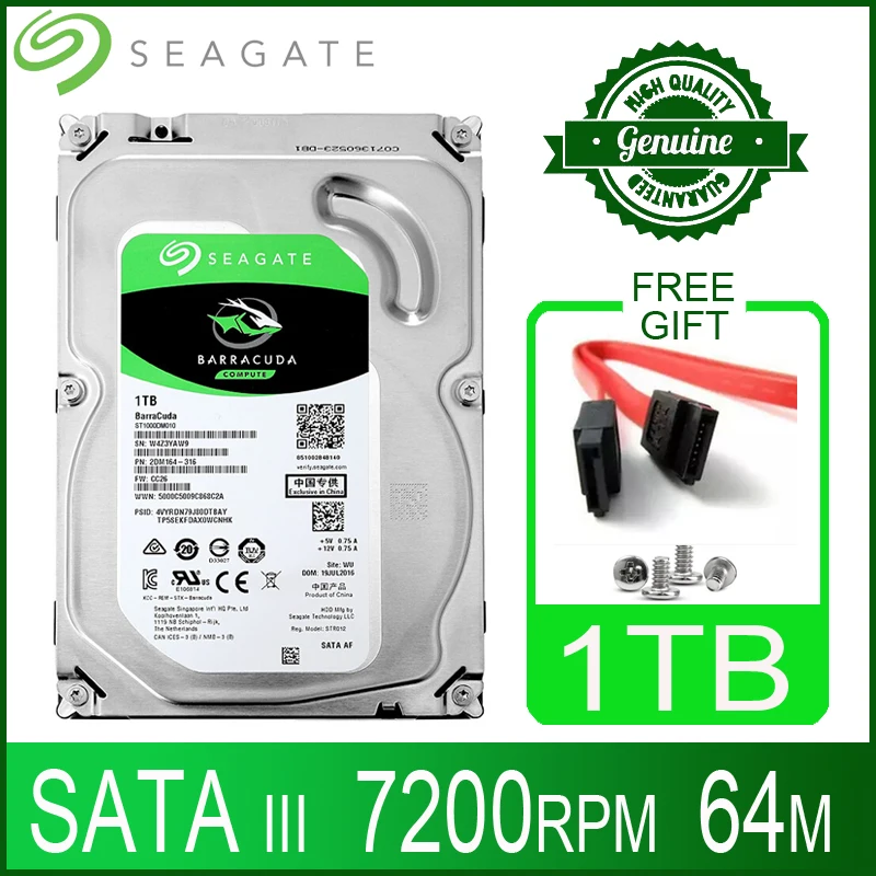 

Жесткий диск Seagate 1 ТБ, внутренний жесткий диск HD 1000 ГБ 1 ТБ, жесткий диск 7200 об/мин 64M 3,5 дюйма 6 Гб/с кэш SATA III для ПК