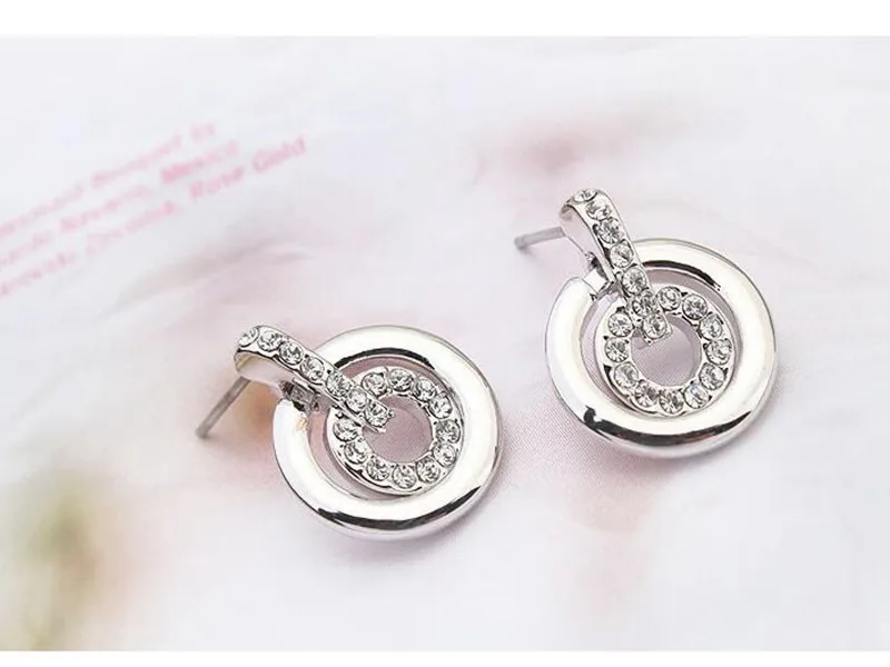 Новинка, украшенный кристаллом от Swarovski, ювелирный набор, двойной круг, подвеска, ожерелье, серьги, женские свадебные аксессуары