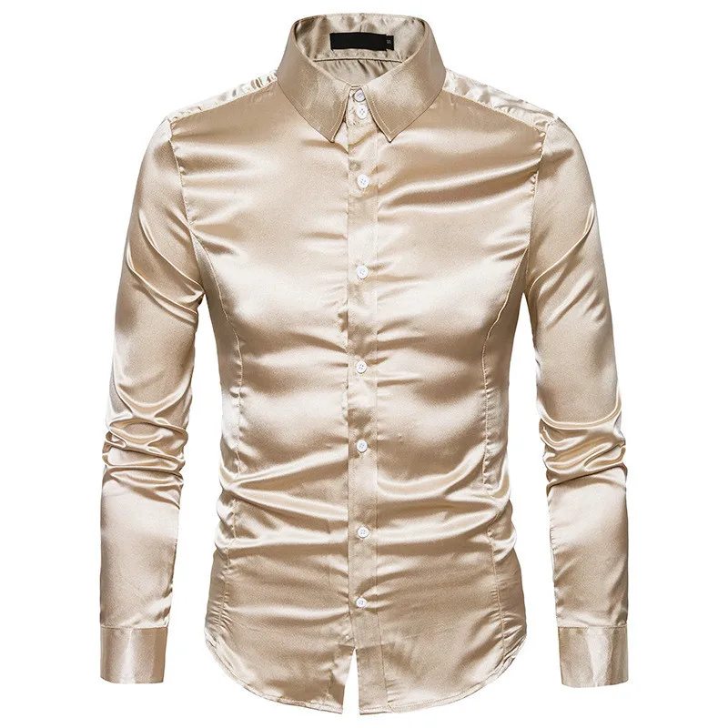 

Satin Smooth Men Solid Tuxedo Shirt Business Chemise Homme Casual Slim Fit Shiny Gold Wedding Dress Shirts