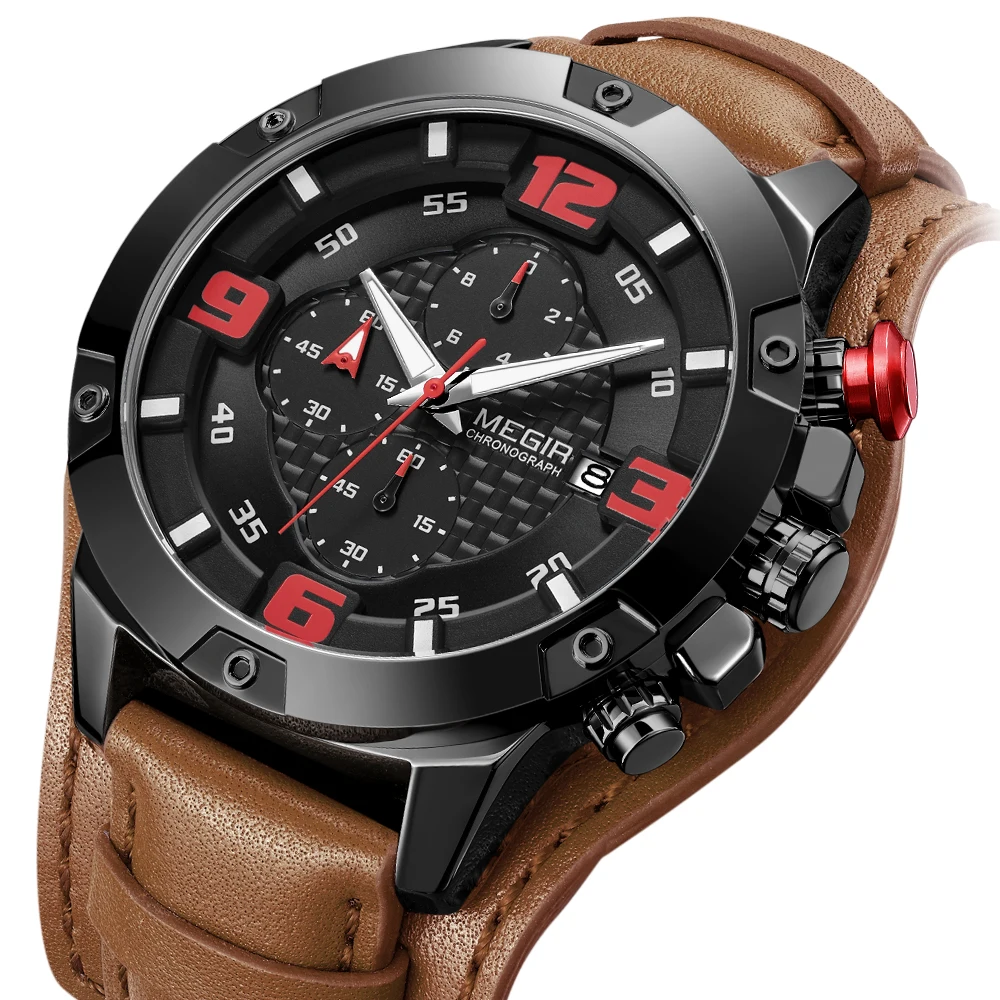 

Megir Men's Chronograph Analog Quartz Watch with Date Waterproof Sport Watches Leather Strap Wristswatch Man Relogio Masculino