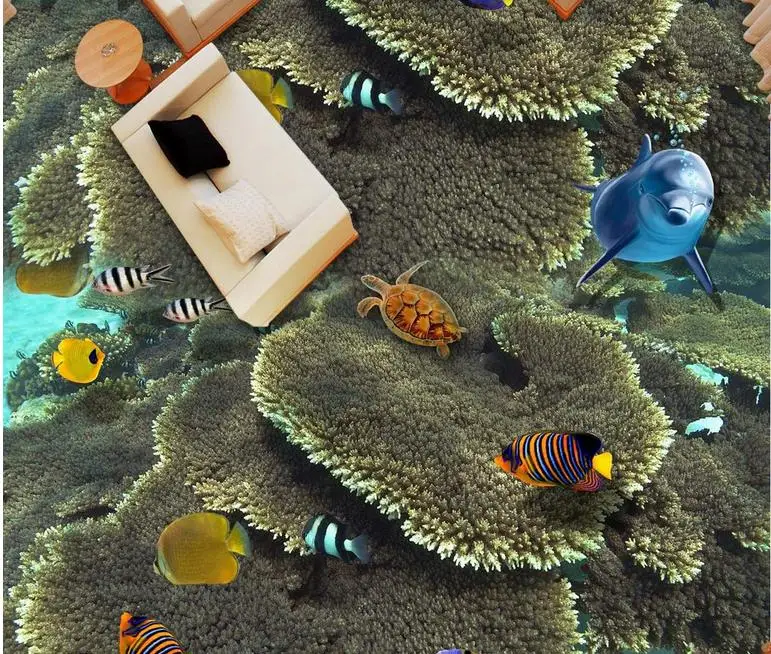 

Пользовательские 3d подводный мир Тропические рыбы полы ванная комната 3d стереоскопические обои водонепроницаемый пол для ванных комнат