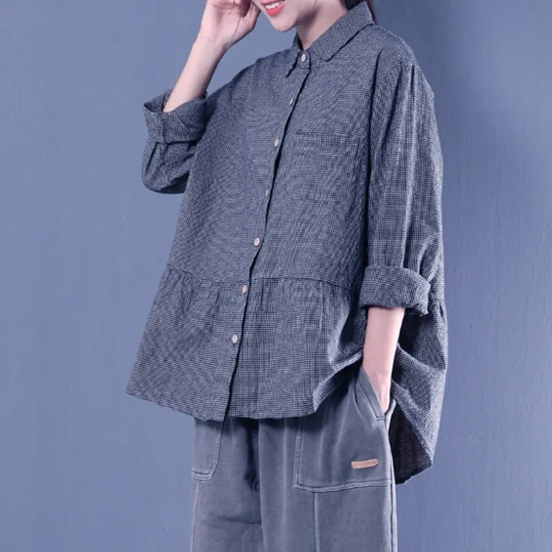 ZAZNEA, женская блузка, модная, осенняя, с оборками, Blusas, с отворотом, OL, рубашка, Повседневная, на груди, с карманами, на пуговицах, в клетку, топ размера плюс