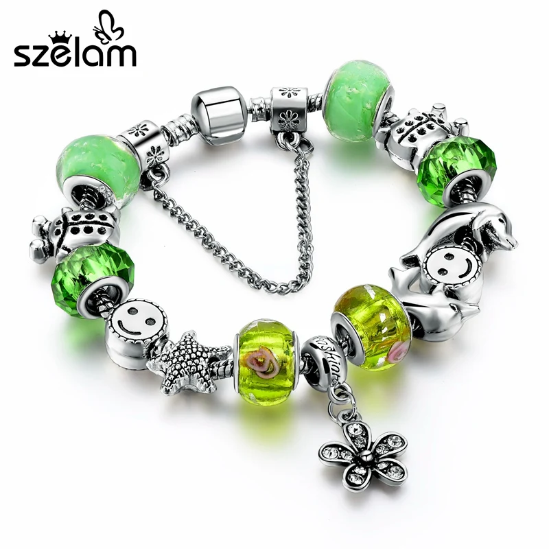 

Szelam New Arrival European Green Crystal Murano Glass Women Bracelets With Crystal Flower Charms Femme Pulseiras SBR160145