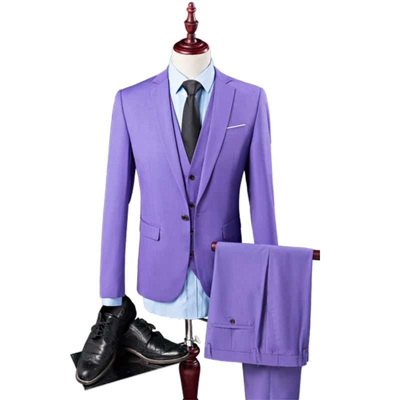 purple 3pcs Азиатский размер, высокое качество, фиолетовый цвет, мужской костюм, комплект из 3 предметов, Тонкий деловой однотонный костюм, модный костюм жениха - Цвет: purple 3pcs