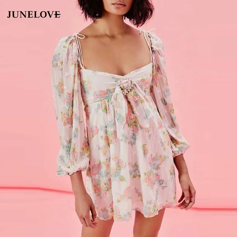 Женское платье с бантом JuneLove винтажное мини цветочным принтом повседневное