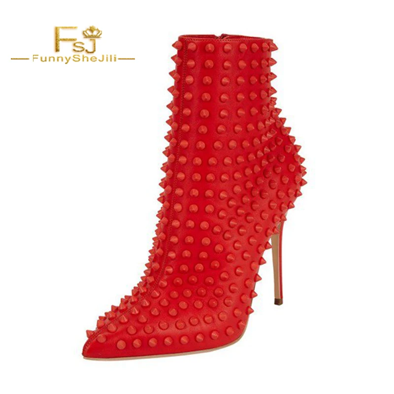 

FSJ Fashion Red Rivets Stiletto Heel Women Ankle Boots Novelty Pointy Toe Side Zip Party Show Female Booties 2021 Autumn