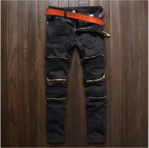 B1009 black Обтягивающие джинсы для мужчин, белые рваные джинсы на молнии, модные повседневные облегающие байкерские джинсы в стиле хип-хоп, Стрейчевые джинсовые штаны для езды на мотоцикле - Цвет: B1009 black