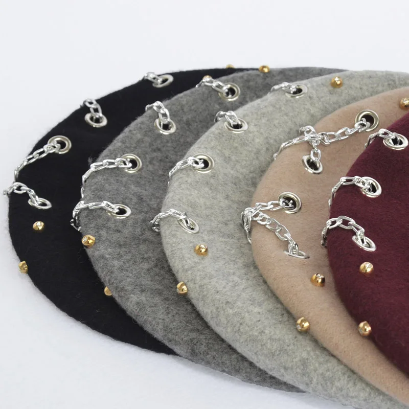 Женский винтажный беретик с цепочкой 100% шерсть теплые береты в стиле панк на зиму