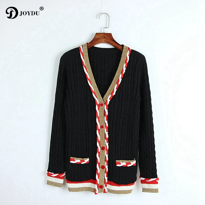 JOYDU 2018 Runway Vintage Wool Cardigan Female V-neck Long Sleeve Winter Sweater Women Patchwork Twist Single Breasted Retro |