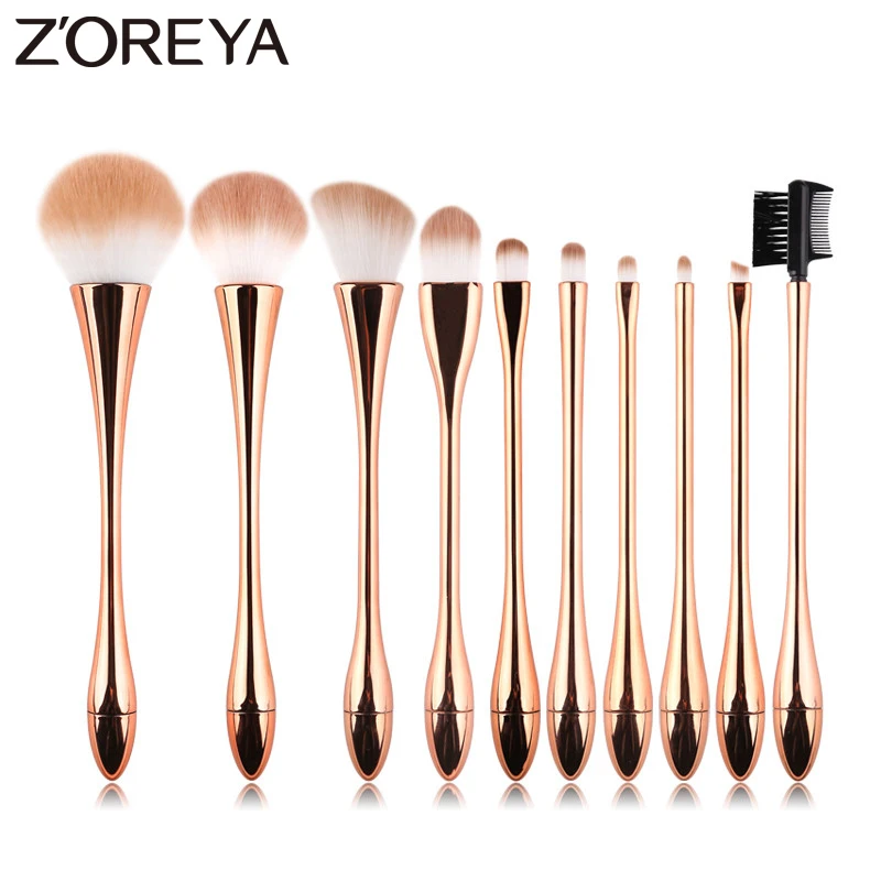 Бренд Zoreya, 10 шт., розовое золото, роскошные кисти для макияжа, набор, высокое качество, синтетические волосы, большая пудра, угловая кисть для бровей, тени для век, набор кистей