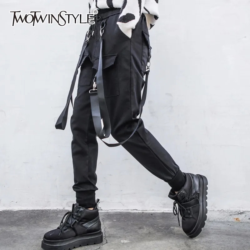 TWOTWINSTYLE Ленточные брюки для женщин Лоскутные карманы на шнуровке шаровары