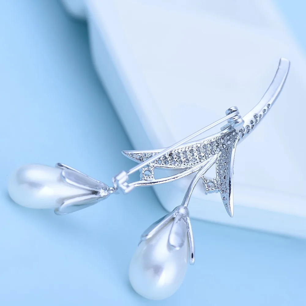 LUOTEEMI Newest Fashion Jewelry Vintage White Gold-Color Flower Brooch Pins for Woman Simulated Pearl CZ Crystal Brooches Gifts | Украшения