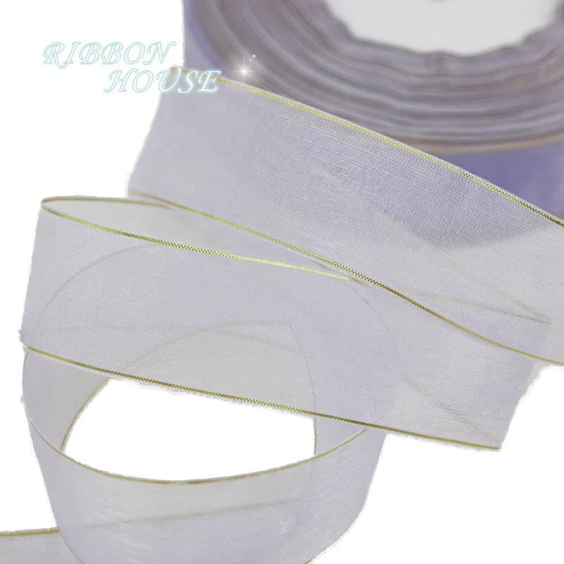 Light Purple 50 ярдов/рулон) 25 мм Золотая окантованная подарочная лента из органзы для украшения упаковки Свадебные ленты - Цвет: Light Purple