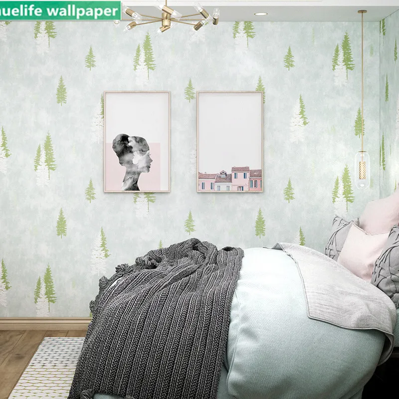 

Nordic style green gray small tree pattern wallpaper study bedroom living room study flower shop sofa background wallpaper
