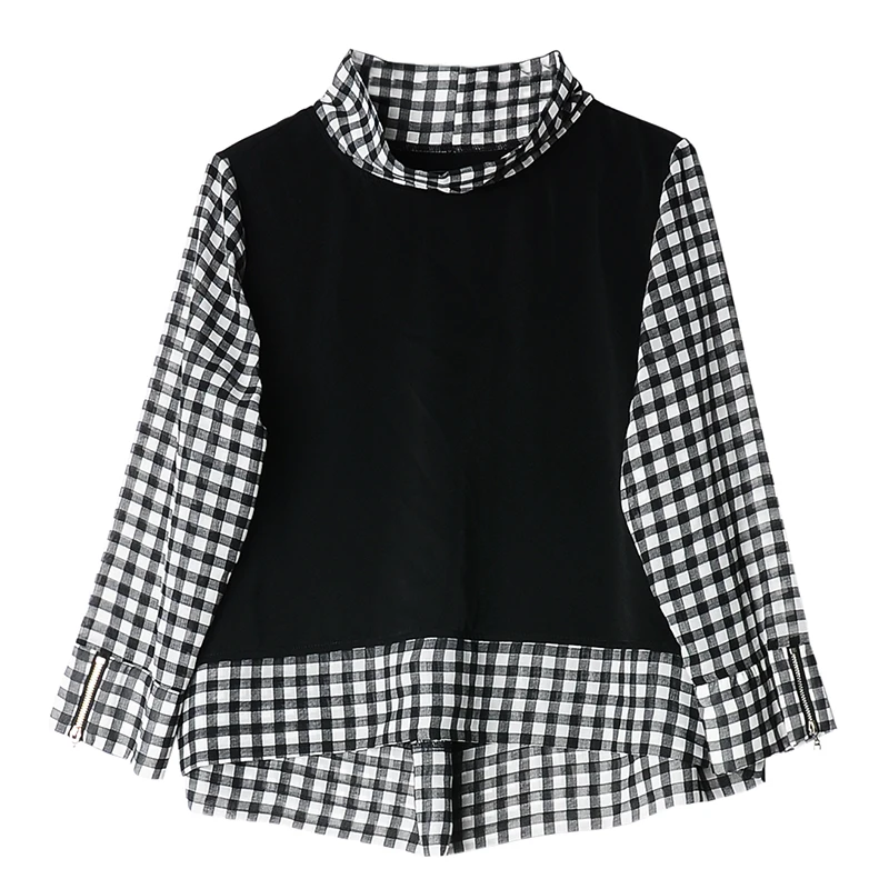 

2019 Spring new women's British style stand collar plaid stitching chiffon shirt fake-two-piece plaid shirt lady camisa chemise