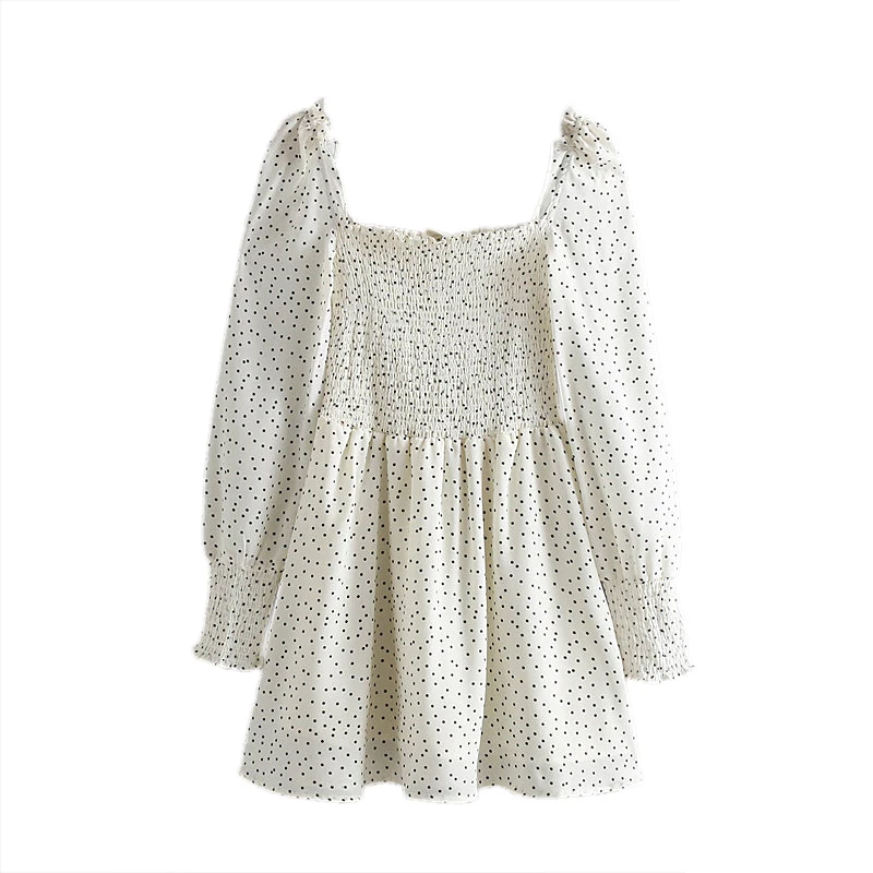 Женское милое мини платье в горошек с длинным рукавом и квадратным воротником