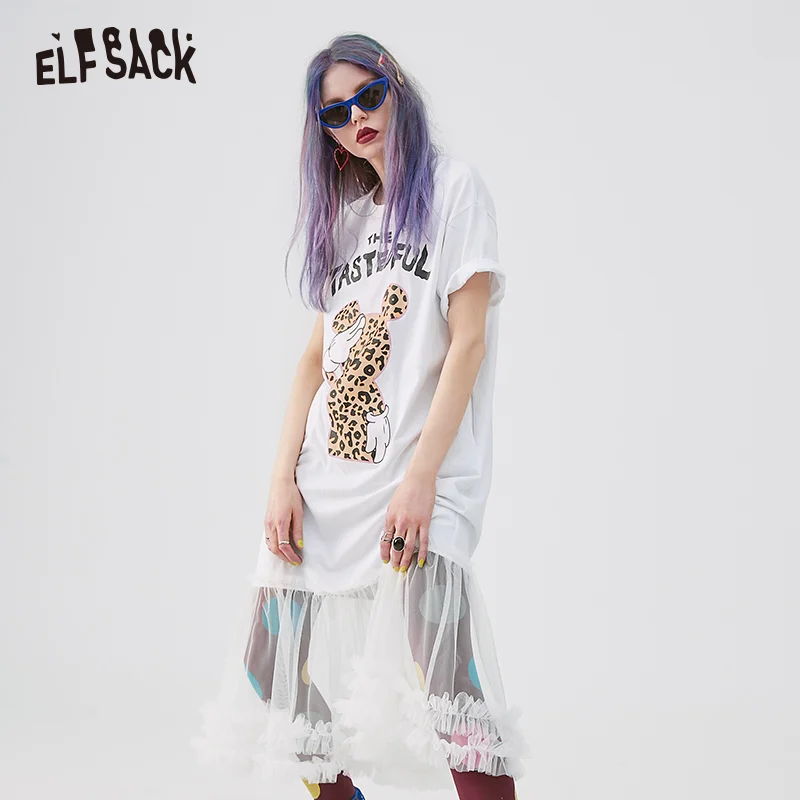 ELFSACK, женские платья с буквенным и леопардовым принтом, модные кружевные лоскутные платья с круглым вырезом, а-силуэт, женская одежда, летнее Сетчатое праздничное платье
