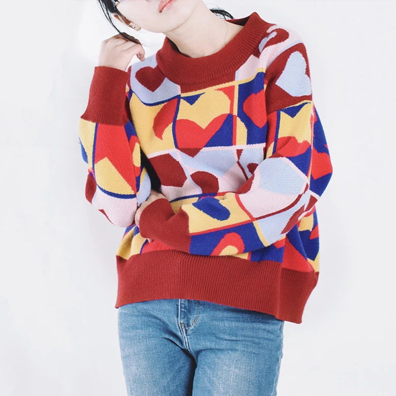 Женский пуловер в форме сердца с геометрическим узором свободный трикотажный