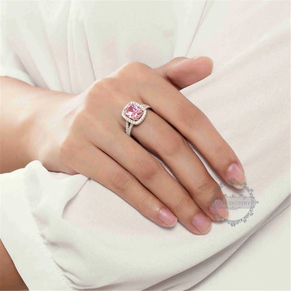 Серебряные и розовые прямоугольные кольца из кубического циркония 11x13 мм модные