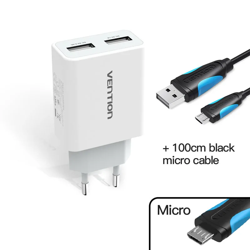 Портативное зарядное устройство Vention 5 В, 1 А, 2,4 А с двумя USB разъемами для путешествий, адаптер с европейской вилкой для samsung s8, iphone 8 X, Xiaomi 8, зарядное устройство для мобильного телефона - Тип штекера: Plug cable 2