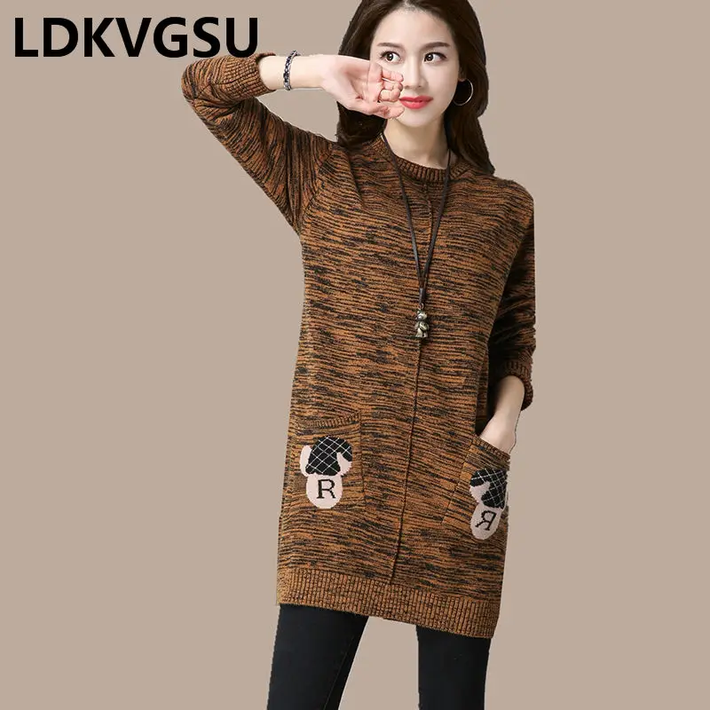 2018 New Spring Autumn Wave Sweater Dress Women Korean Knitted Pullover Loose Plus Size Long Sleeve Print Bottoming Shirt Is1082 | Женская