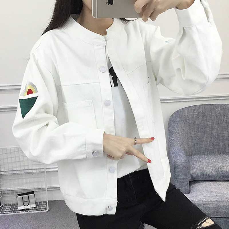 Женская джинсовая куртка с длинным рукавом белая вышивкой весна осень 2019|Женские