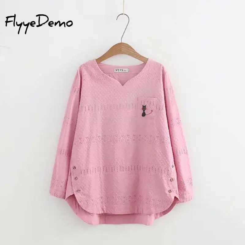 4XL 6 Colors Autumn New Lace Blouses Cat Embroidery Hollow Out Casual Ladies Fashion Shirts White Pink Loose Tops Plus Size | Женская