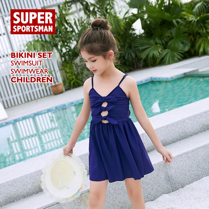 Для маленьких девочек Модный бант Плавание платье Цельный купальный костюм для