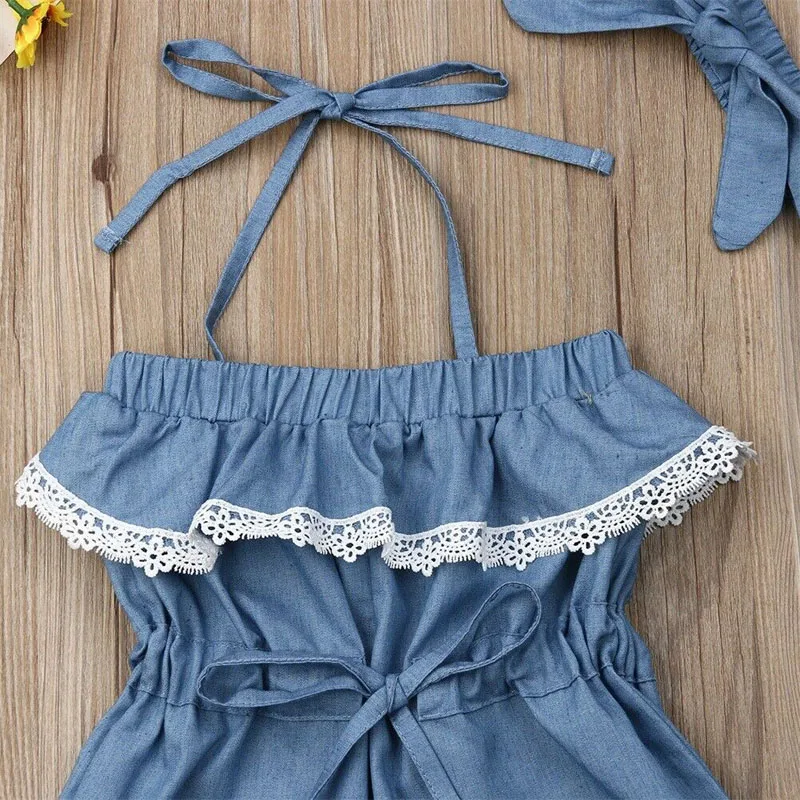 Детский джинсовый комбинезон с высокой талией и повязкой на голову | Мать ребенок