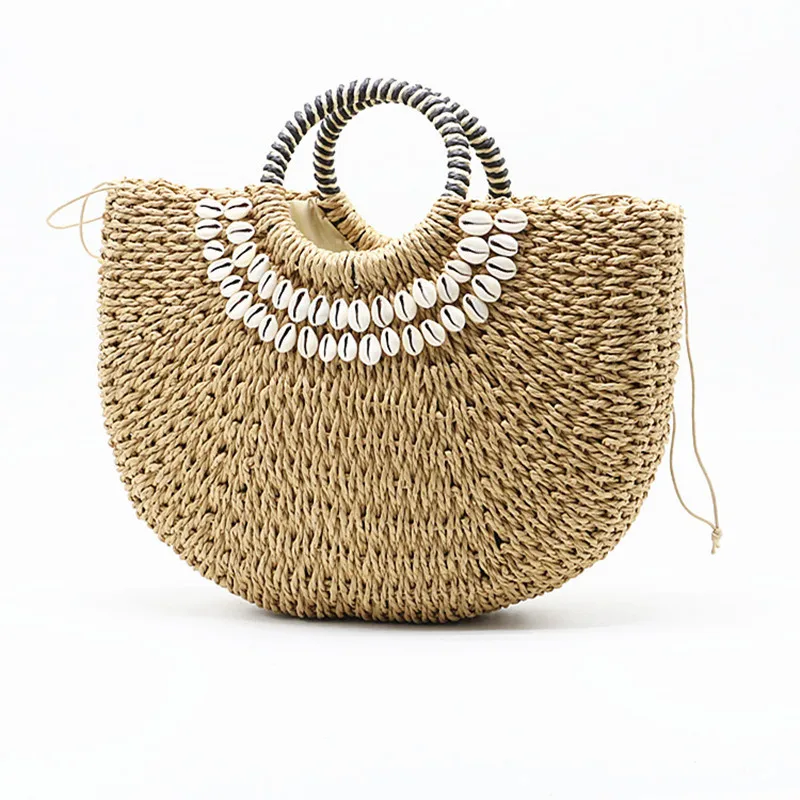 

2019 New shell moon bag straw bag women's straw bag handmade woven basket wicker Summer Grass Bags Drawstring of totes