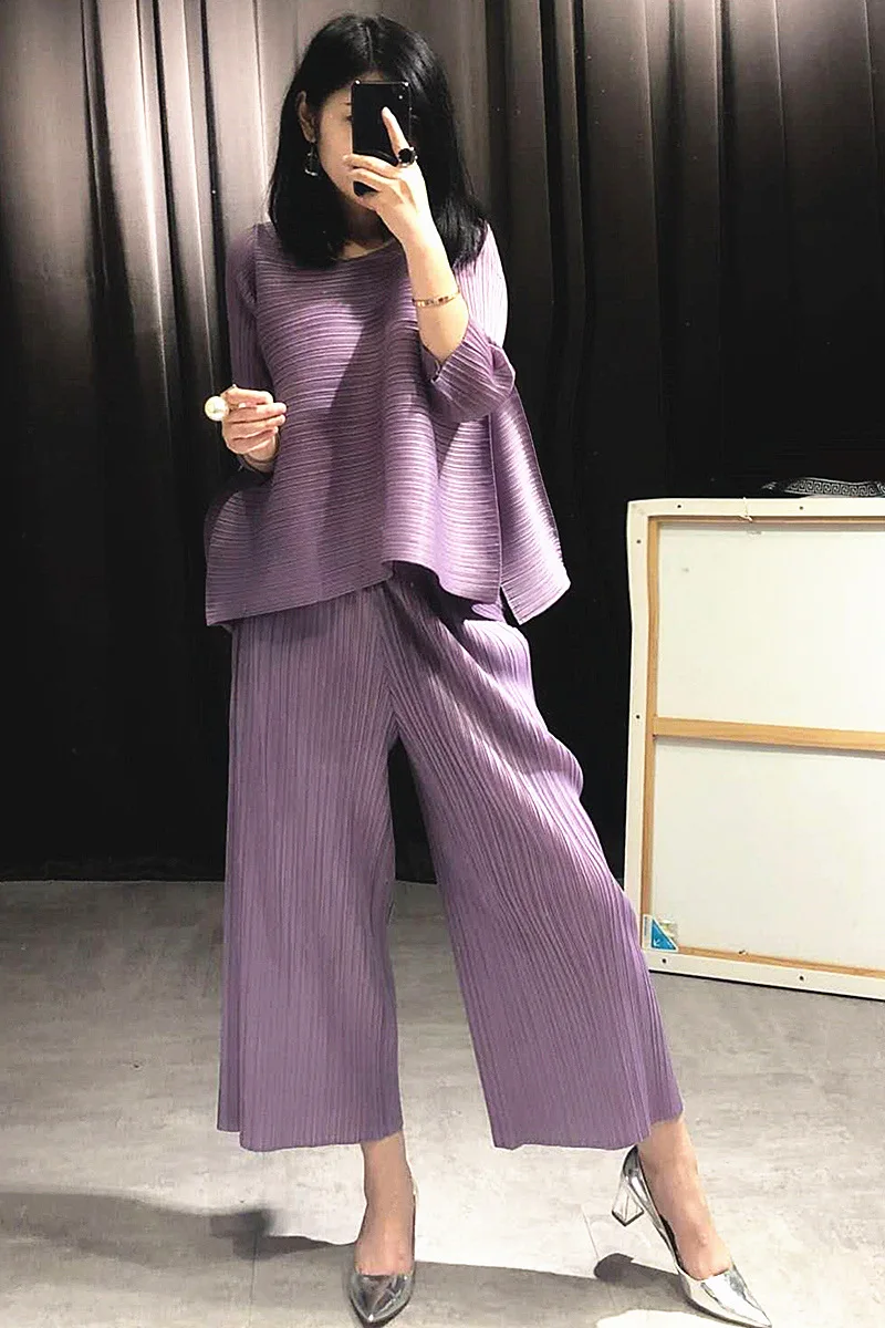 Pleated Fashion New Tidal Summer New Shirts Tops Clothing Sets Wide-legged Pleated Pants Suit