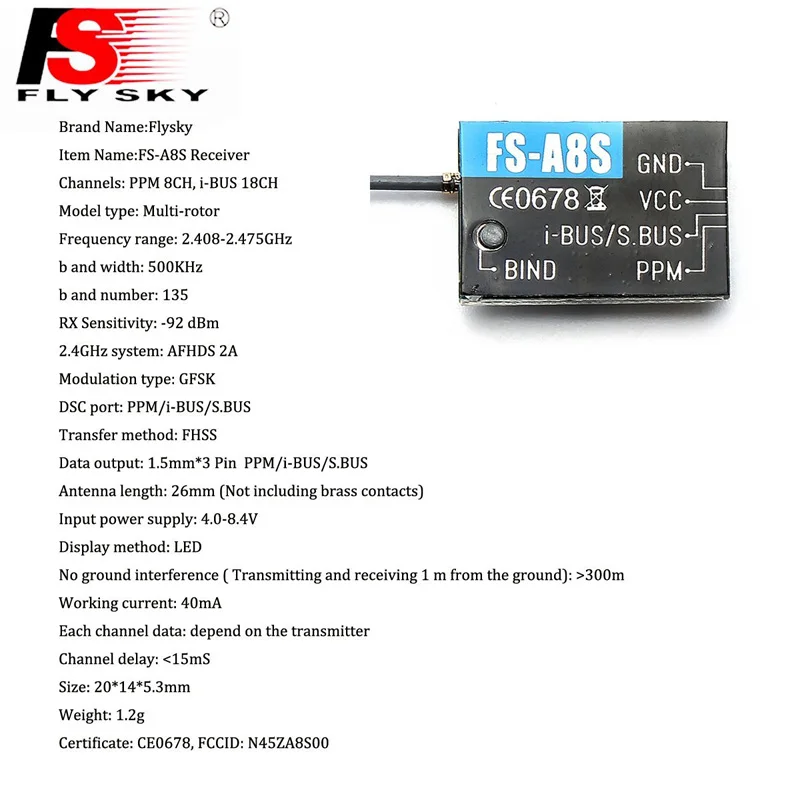 Мини приемник Flysky FS A8S 2 4G 8CH с PPM i BUS SBUS для радиоуправляемого квадрокоптера FPV