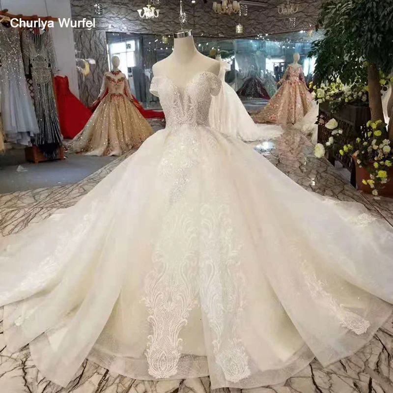 LSS404 бальное платье белое с плеча бусинами кружевное на спине свадебное со