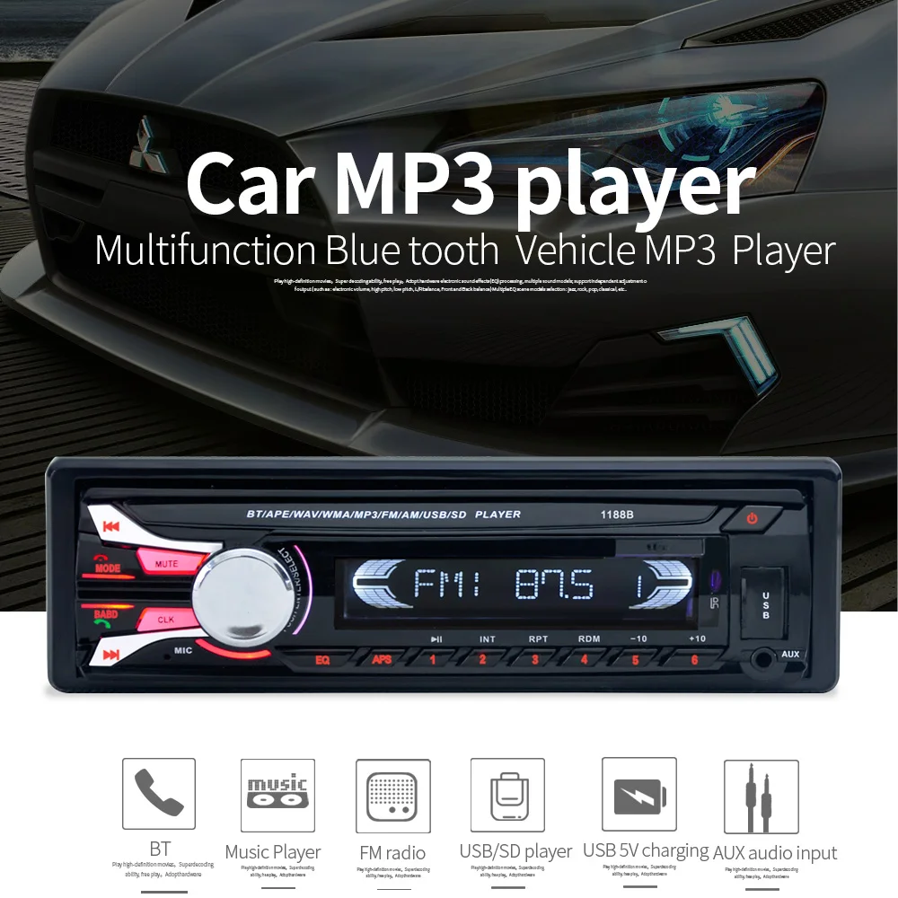 Handsfree радио тюнер дистанционное управление Fm Bluetooth Съемная передняя панель Авто