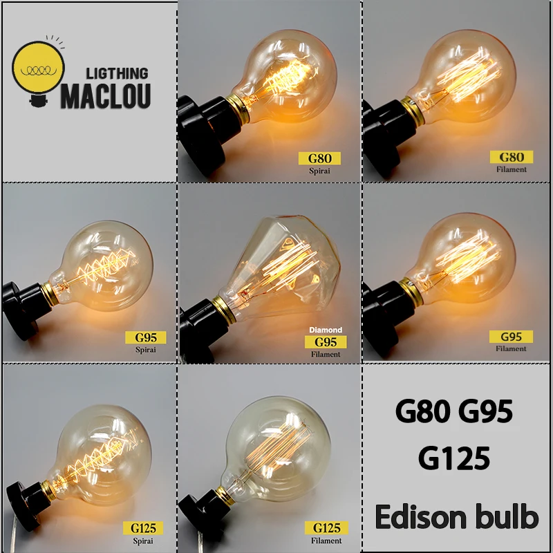 Лампа Эдисона G95 G125 E27 220V Ampoule винтажная лампа стеклянная лампада накаливания