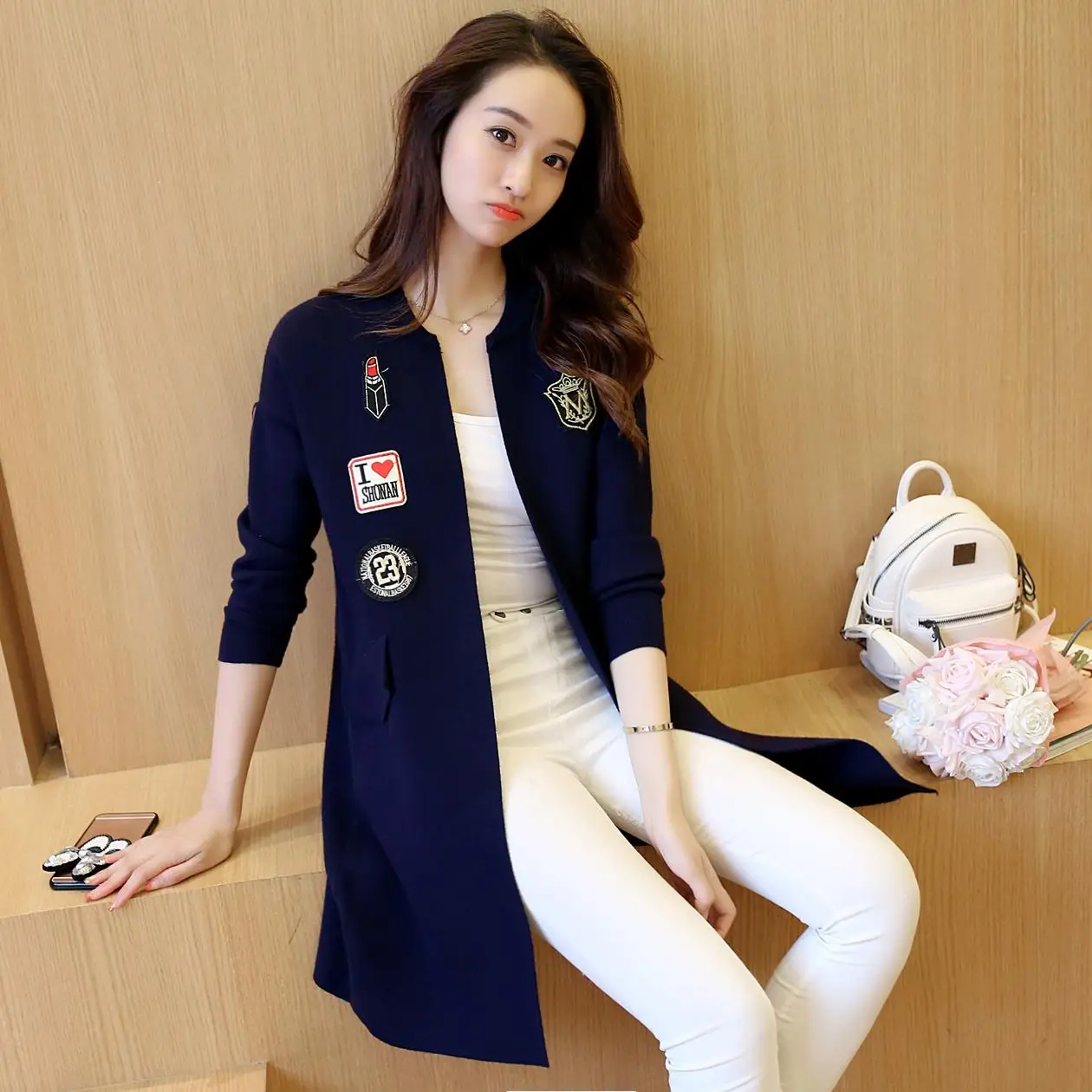 

outfit new women's clothing label long letters decor fake pocket knitted women open stitch sweaters coat autumn knitwear