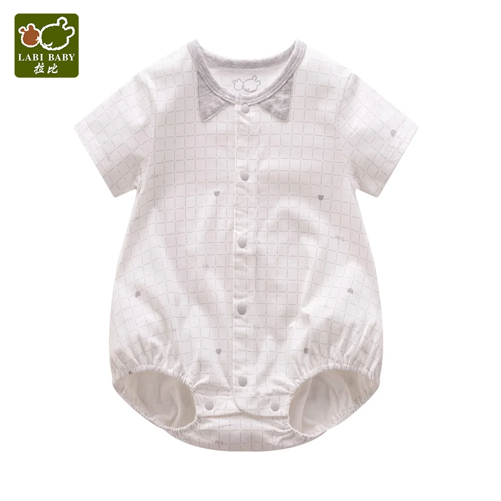 LABIBABY Beige Short Sleeve Bodysuits Plaid Anti Collar Single-breasted Unisex One Pieces Summer Clothes for Infant Boys &amp Girls |