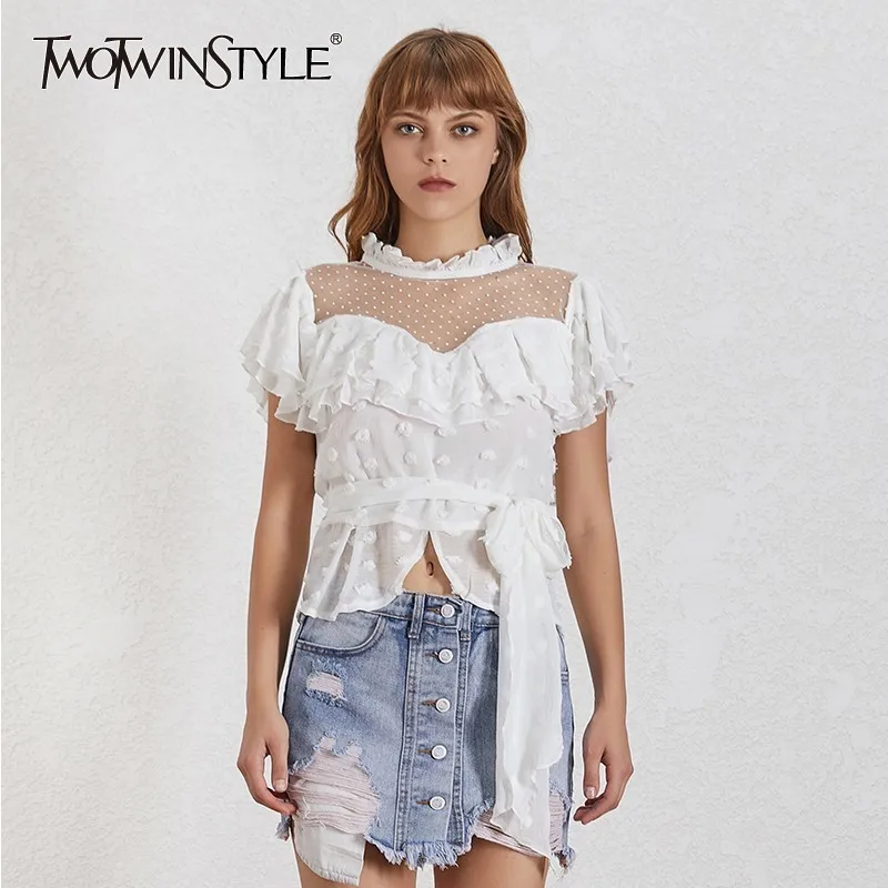 Женская шифоновая рубашка TWOTWINSTYLE летняя блузка в горошек с коротким рукавом и