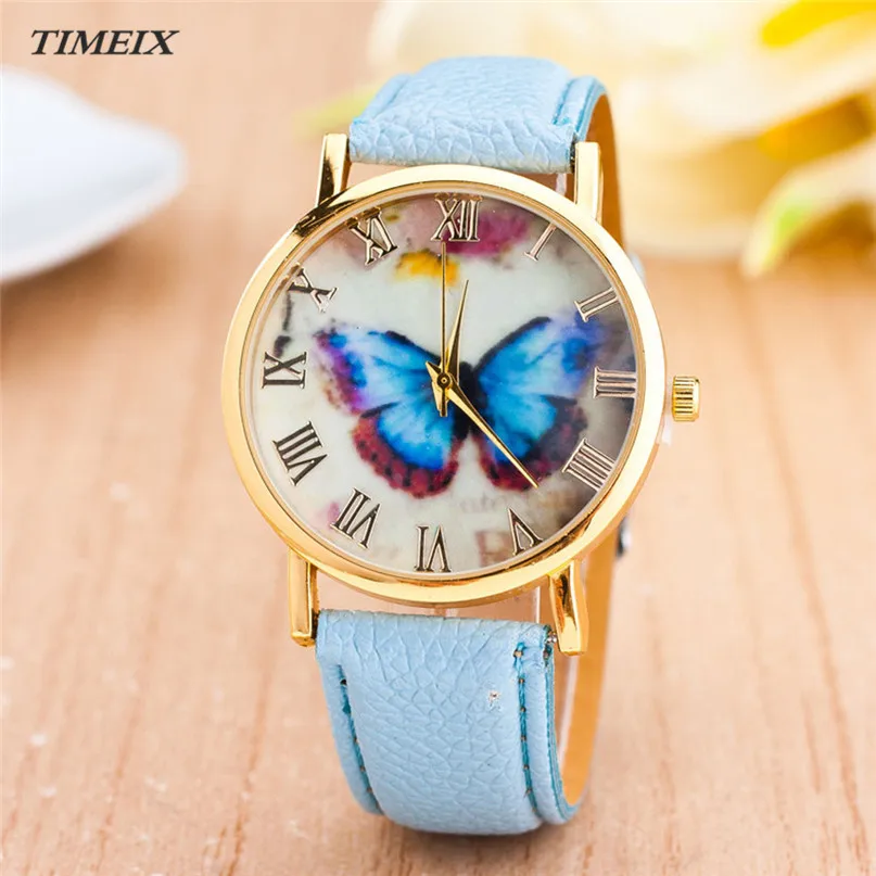 Женские часы 2017 новая мода бабочка стиль кожаный ремешок аналоговые кварцевые